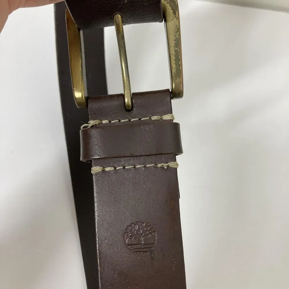 Timberland Leather Belt Mens 32 Brown Antique Brass Buckle Tree Logo Casual - Picture 14 of 14
